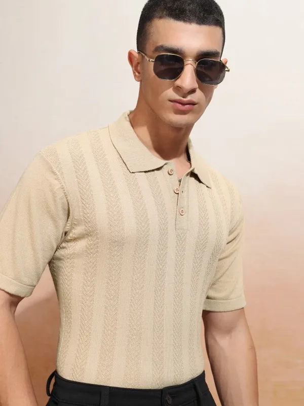 Highlander Men Beige Self Design Polo Collar T-Shirt