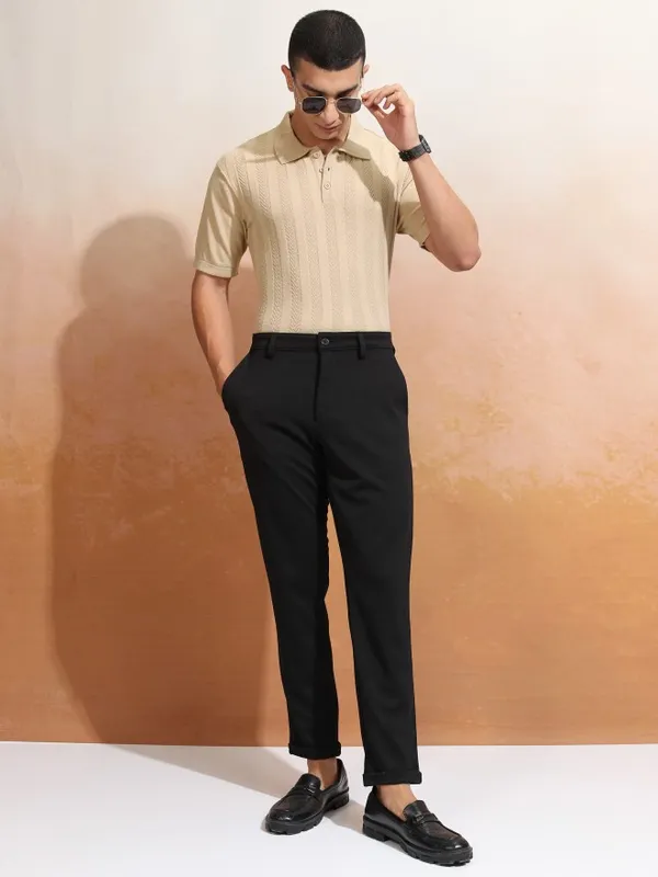 Highlander Men Beige Self Design Polo Collar T-Shirt