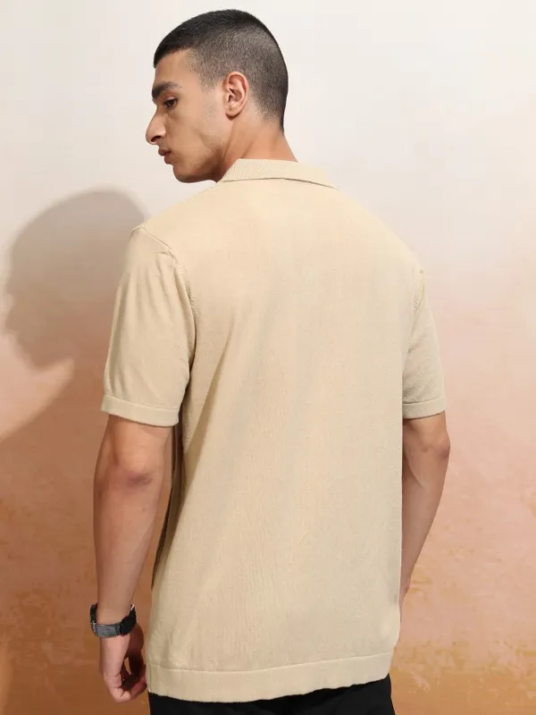 Highlander Men Beige Self Design Polo Collar T-Shirt