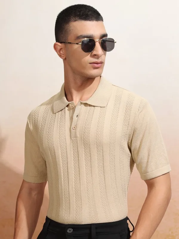 Highlander Men Beige Self Design Polo Collar T-Shirt