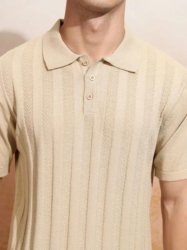 Highlander Men Beige Self Design Polo Collar T-Shirt