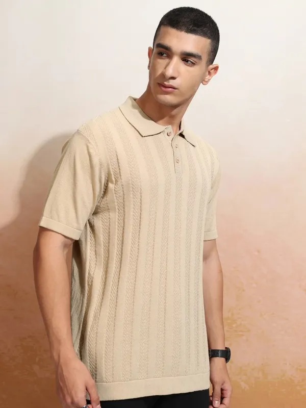 Highlander Men Beige Self Design Polo Collar T-Shirt