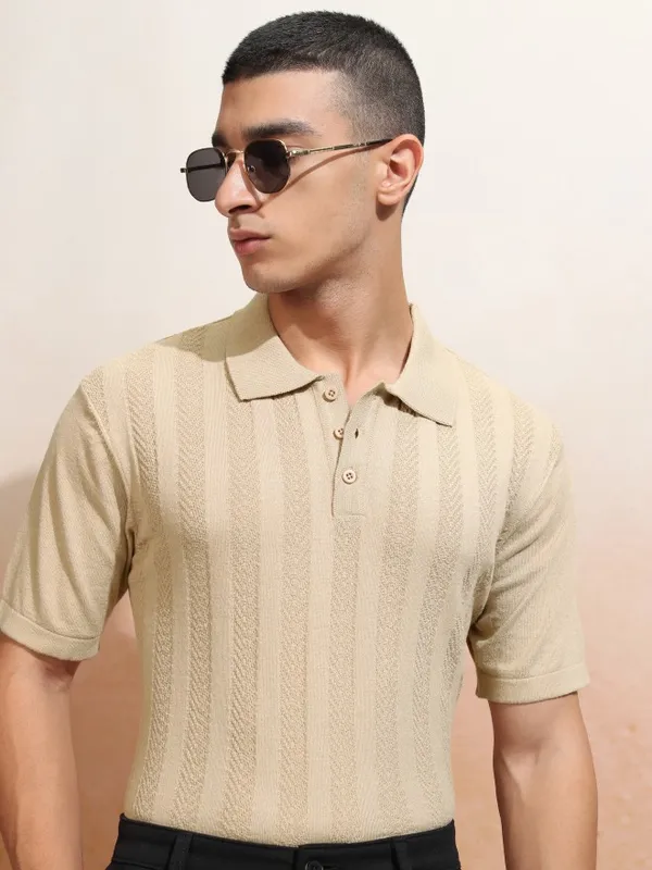 Highlander Men Beige Self Design Polo Collar T-Shirt