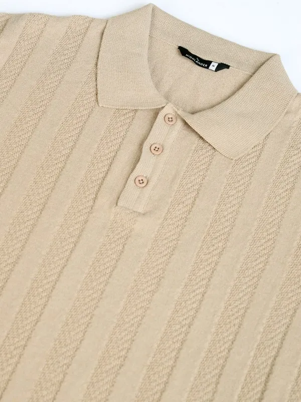 Highlander Men Beige Self Design Polo Collar T-Shirt