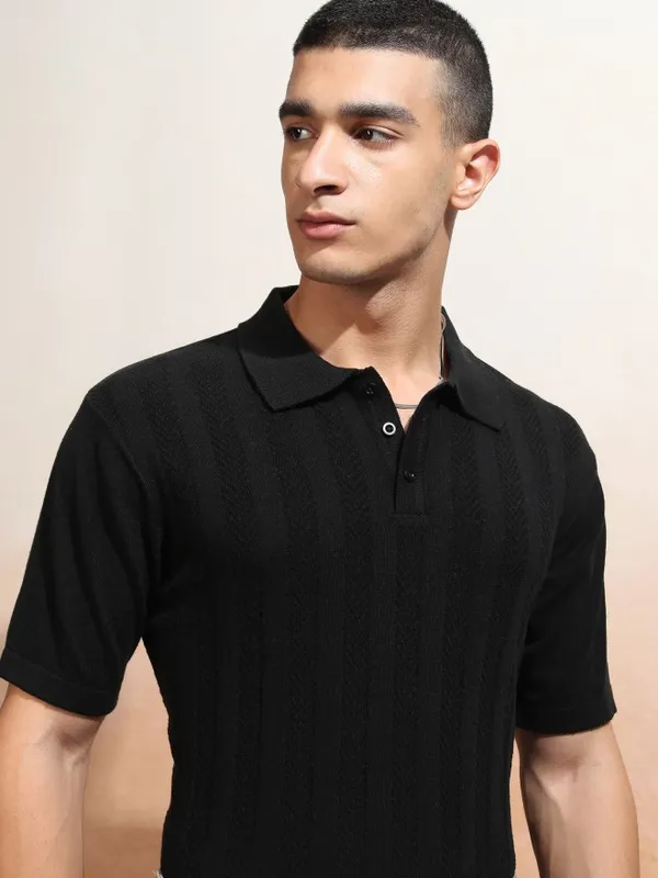 Highlander Men Black Self Design Polo Collar T-Shirt