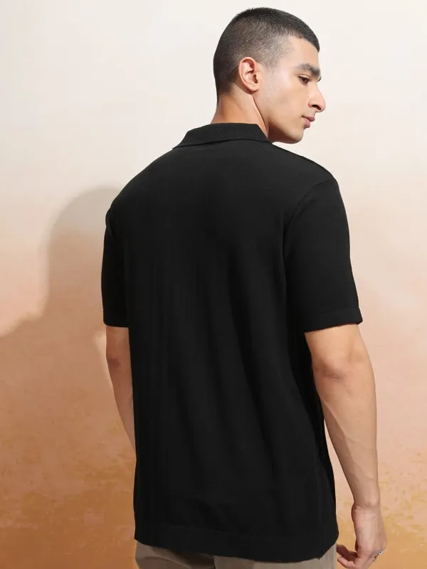 Highlander Men Black Self Design Polo Collar T-Shirt