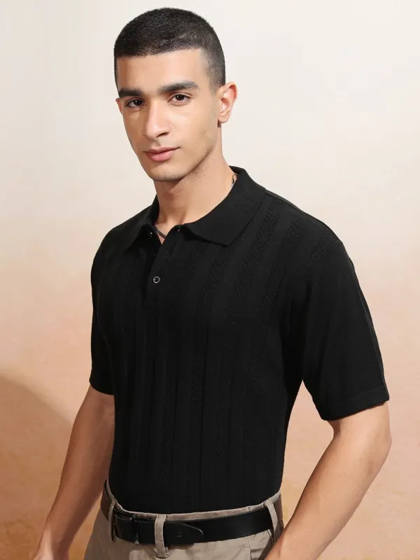 Highlander Men Black Self Design Polo Collar T-Shirt