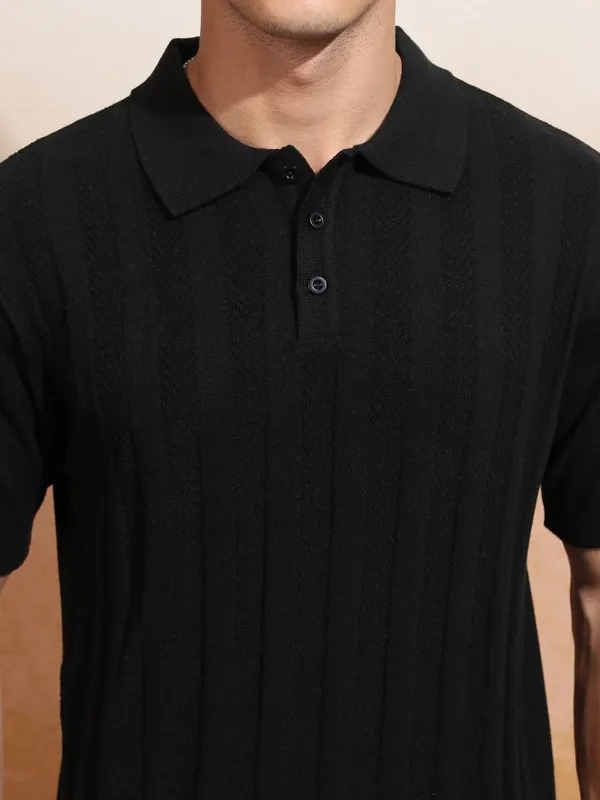 Highlander Men Black Self Design Polo Collar T-Shirt