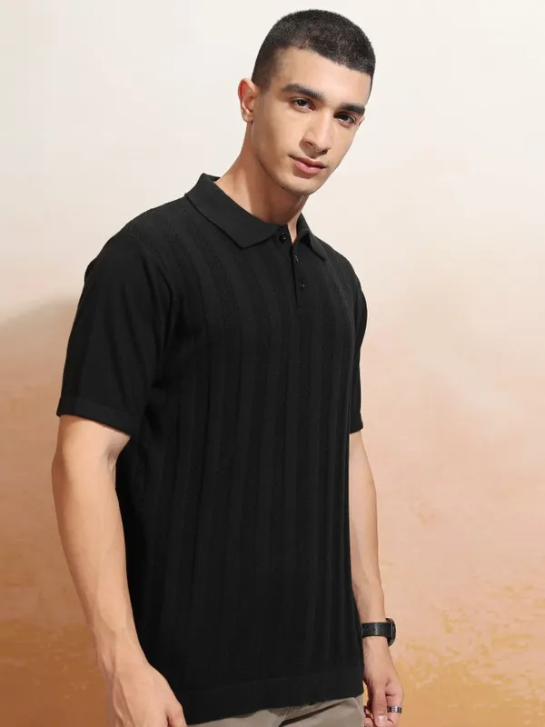 Highlander Men Black Self Design Polo Collar T-Shirt