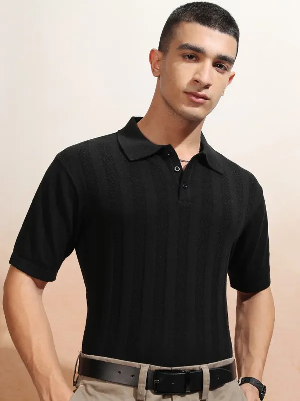 Highlander Men Black Self Design Polo Collar T-Shirt
