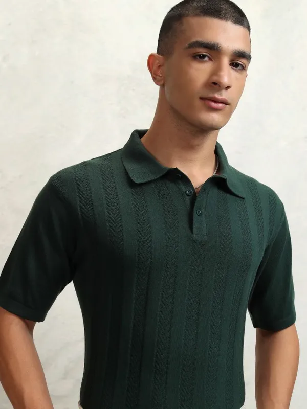 Highlander Men Green Self Design Polo Collar T-Shirt