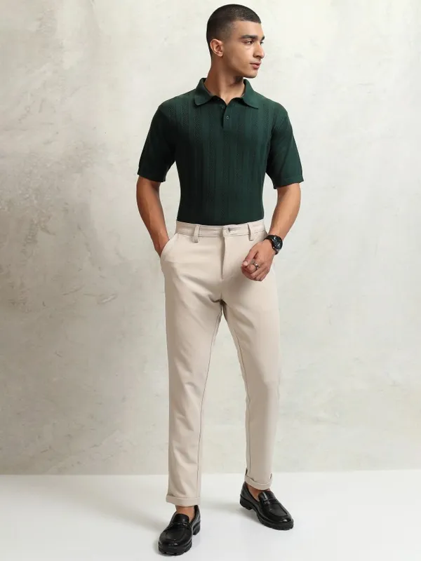 Highlander Men Green Self Design Polo Collar T-Shirt