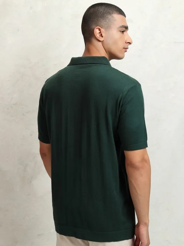 Highlander Men Green Self Design Polo Collar T-Shirt