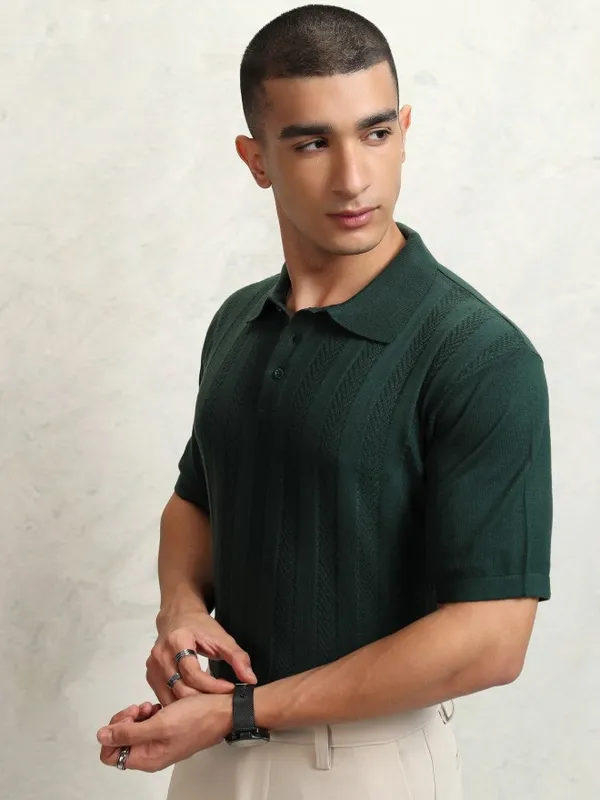 Highlander Men Green Self Design Polo Collar T-Shirt