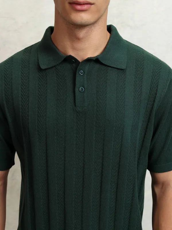 Highlander Men Green Self Design Polo Collar T-Shirt