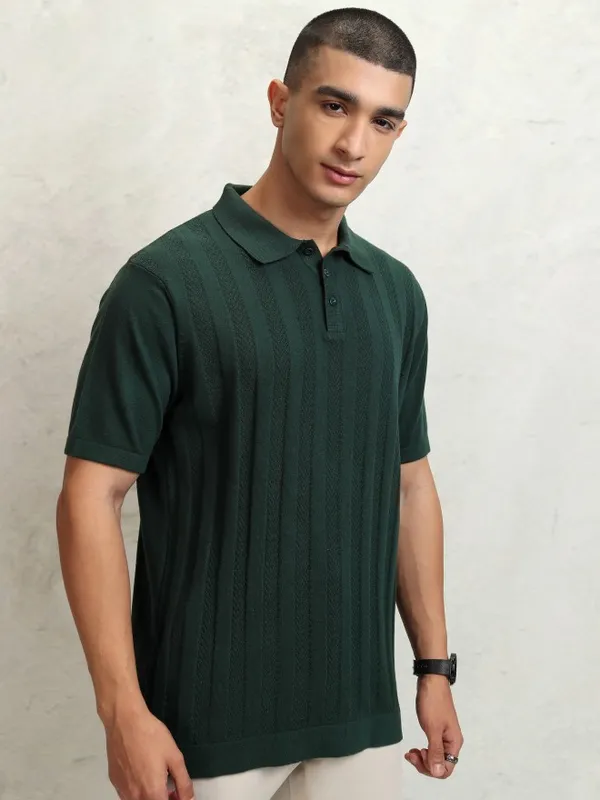 Highlander Men Green Self Design Polo Collar T-Shirt