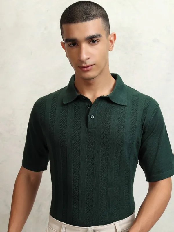 Highlander Men Green Self Design Polo Collar T-Shirt