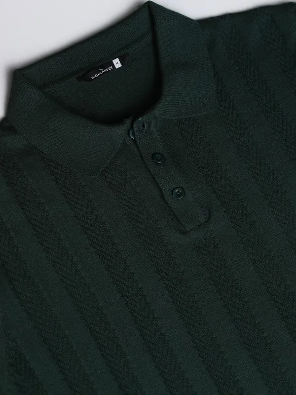 Highlander Men Green Self Design Polo Collar T-Shirt