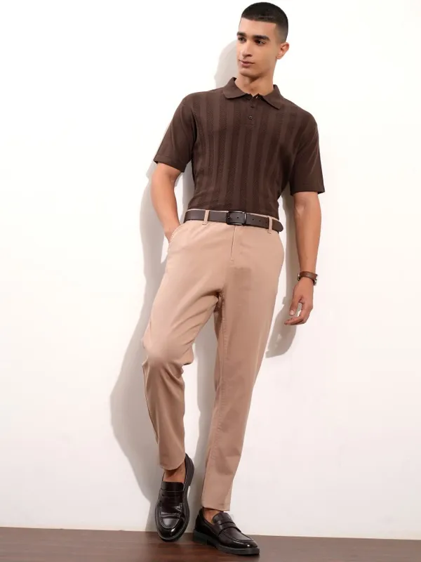 Highlander Men Brown Self Design Polo Collar T-Shirt