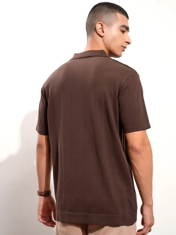 Highlander Men Brown Self Design Polo Collar T-Shirt