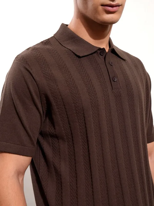 Highlander Men Brown Self Design Polo Collar T-Shirt