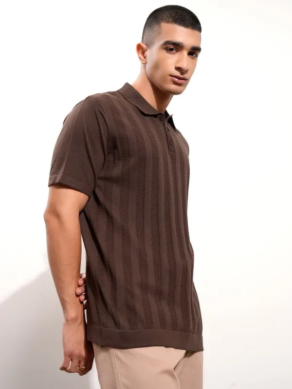 Highlander Men Brown Self Design Polo Collar T-Shirt