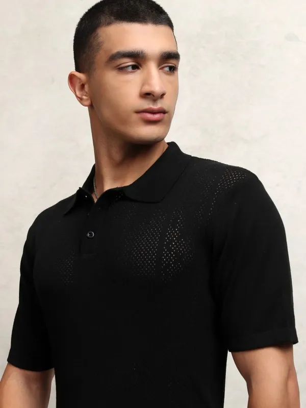 Highlander Men Black Self Design Polo Collar T-Shirt