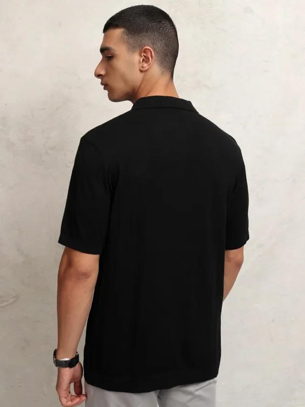 Highlander Men Black Self Design Polo Collar T-Shirt