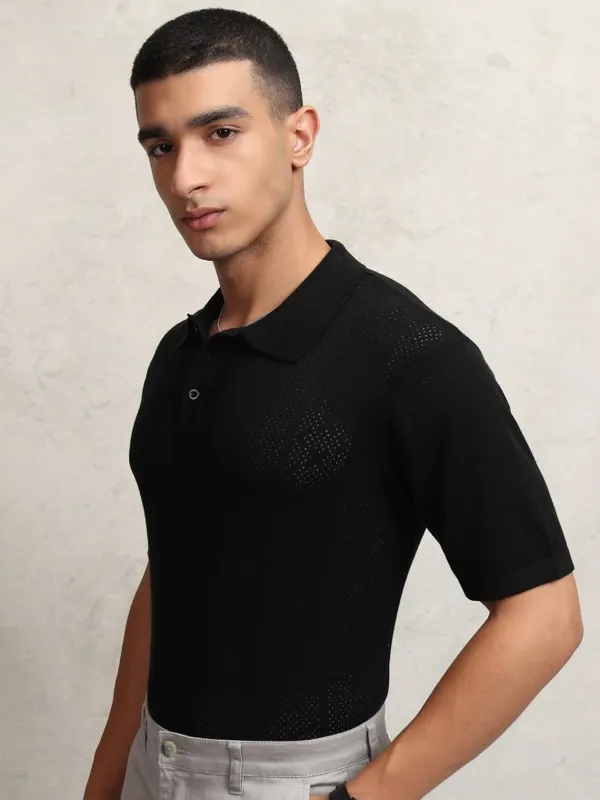 Highlander Men Black Self Design Polo Collar T-Shirt