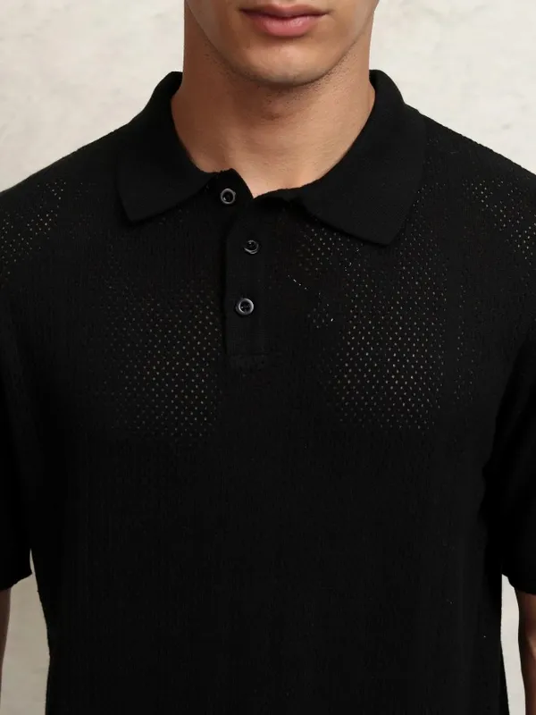 Highlander Men Black Self Design Polo Collar T-Shirt
