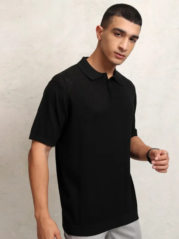 Highlander Men Black Self Design Polo Collar T-Shirt