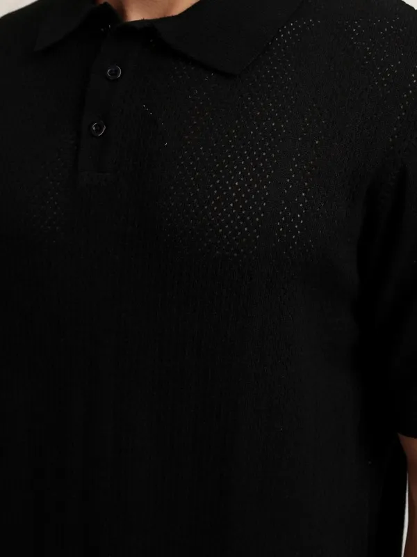 Highlander Men Black Self Design Polo Collar T-Shirt
