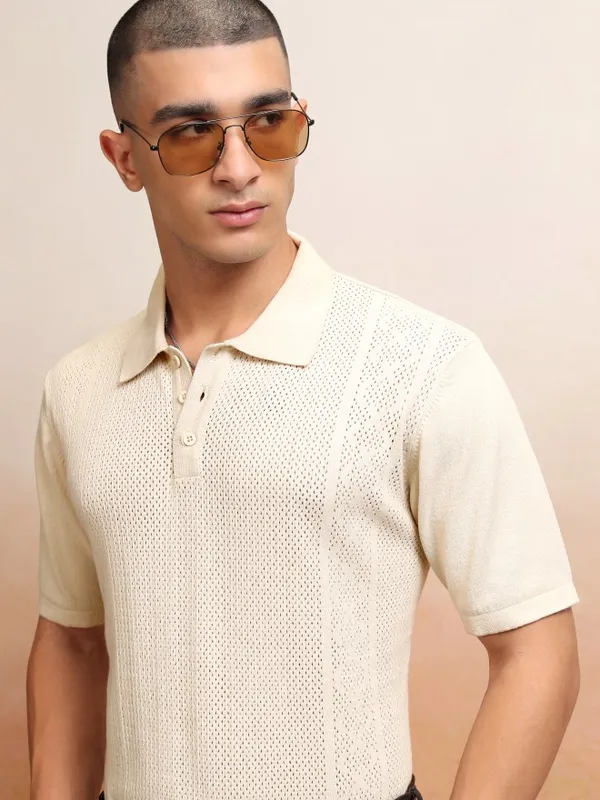 Highlander Men Off White Self Design Polo Collar T-Shirt