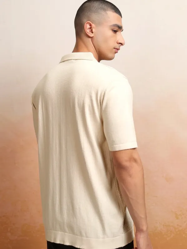 Highlander Men Off White Self Design Polo Collar T-Shirt