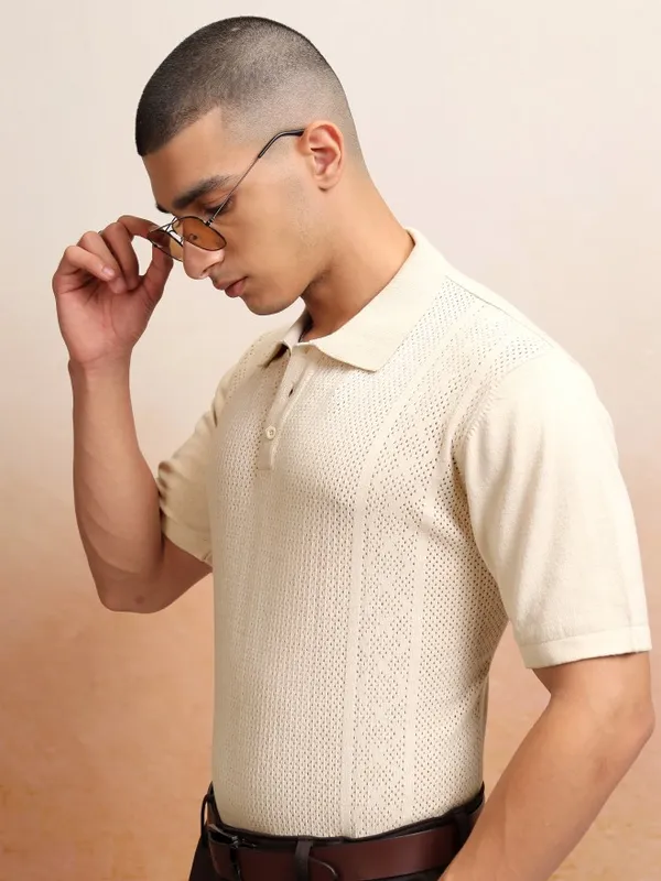 Highlander Men Off White Self Design Polo Collar T-Shirt