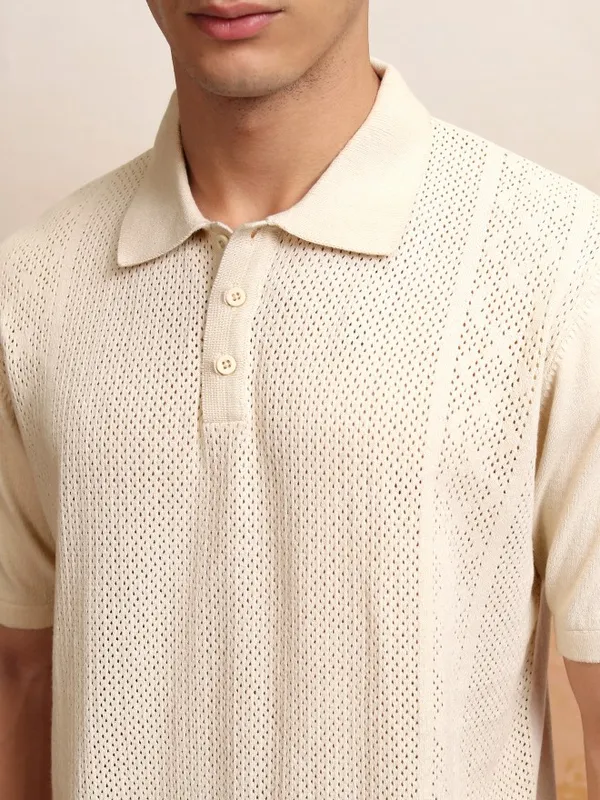 Highlander Men Off White Self Design Polo Collar T-Shirt