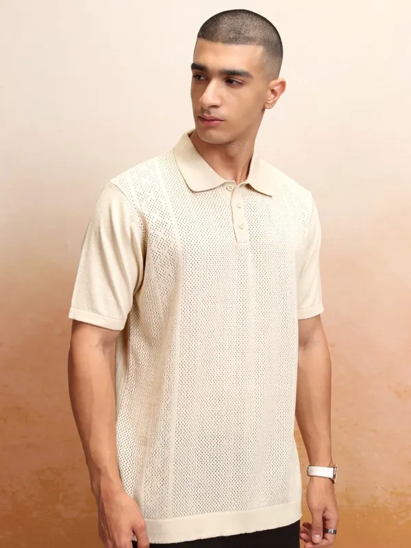 Highlander Men Off White Self Design Polo Collar T-Shirt