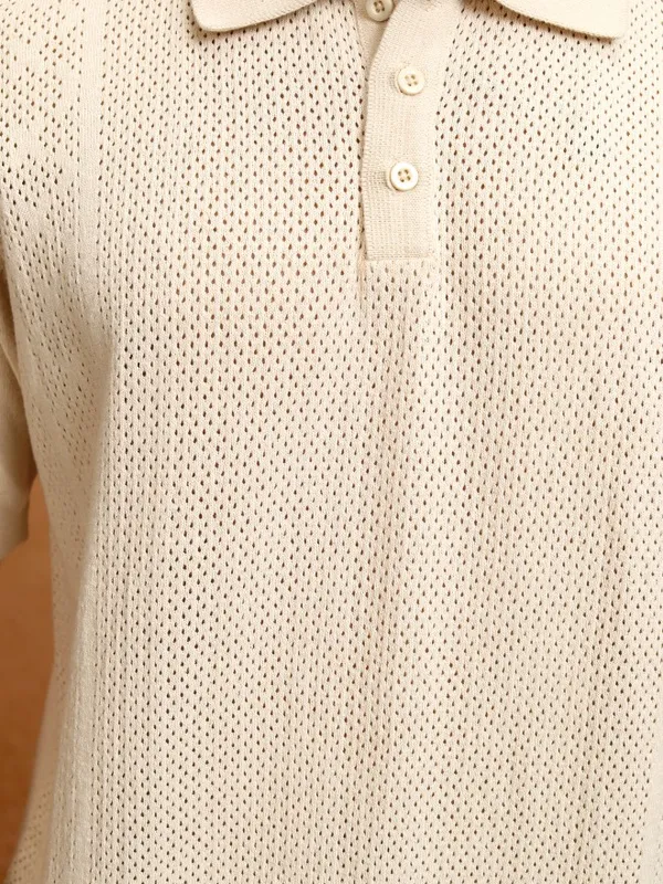 Highlander Men Off White Self Design Polo Collar T-Shirt