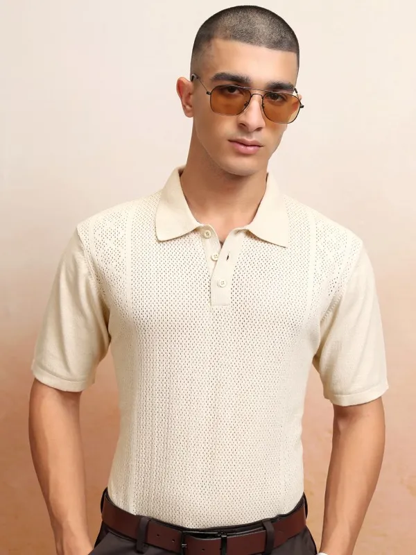 Highlander Men Off White Self Design Polo Collar T-Shirt