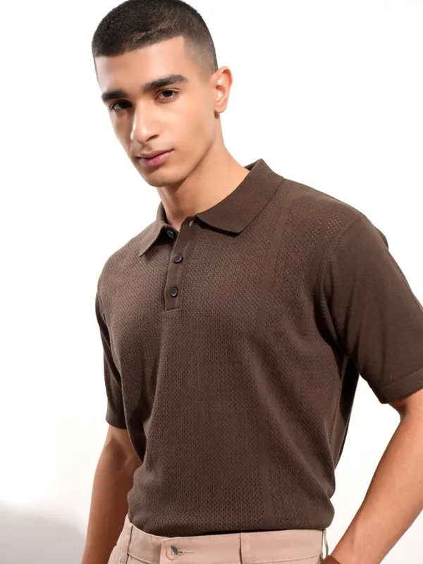 Highlander Men Brown Self Design Polo Collar T-Shirt