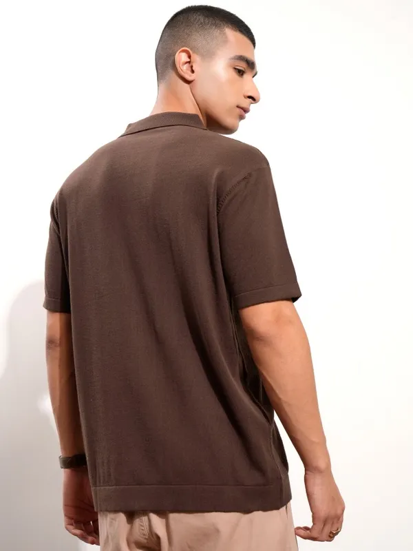 Highlander Men Brown Self Design Polo Collar T-Shirt