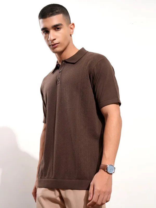 Highlander Men Brown Self Design Polo Collar T-Shirt