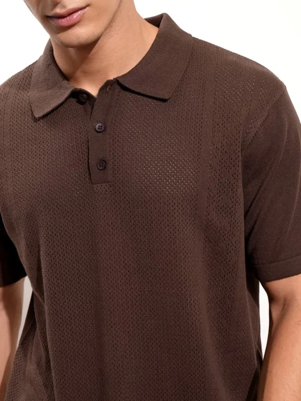 Highlander Men Brown Self Design Polo Collar T-Shirt