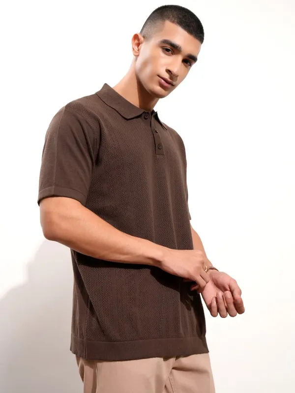 Highlander Men Brown Self Design Polo Collar T-Shirt