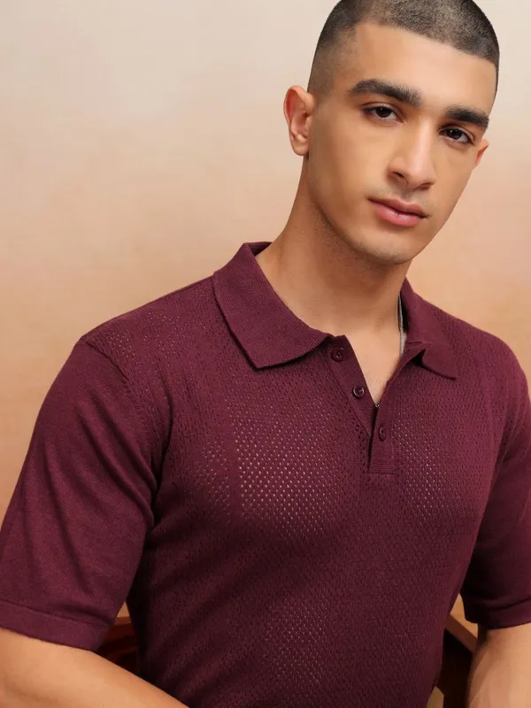 Highlander Men Burgundy Self Design Polo Collar T-Shirt