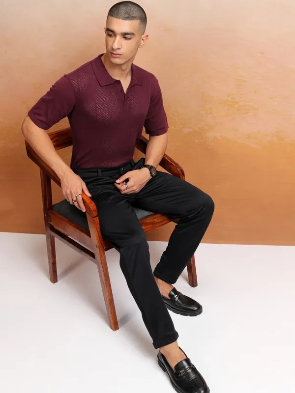 Highlander Men Burgundy Self Design Polo Collar T-Shirt