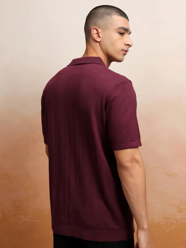 Highlander Men Burgundy Self Design Polo Collar T-Shirt