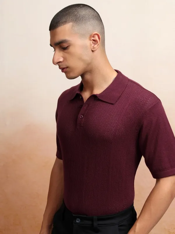 Highlander Men Burgundy Self Design Polo Collar T-Shirt