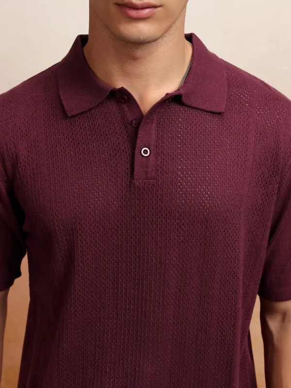 Highlander Men Burgundy Self Design Polo Collar T-Shirt