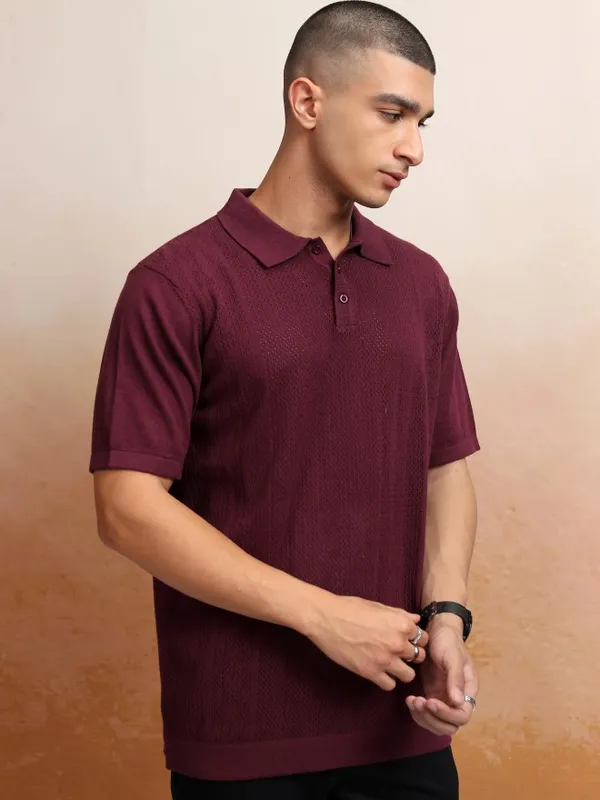 Highlander Men Burgundy Self Design Polo Collar T-Shirt
